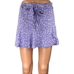 Zara Purple White High Waisted Floral Belted Tie Ruffle A Line Mini Skirt Size M